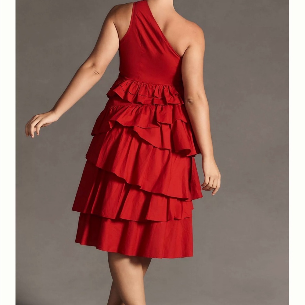 Anthropologie Red One-Shoulder Tiered Ruffle Midi Dress Cocktail party